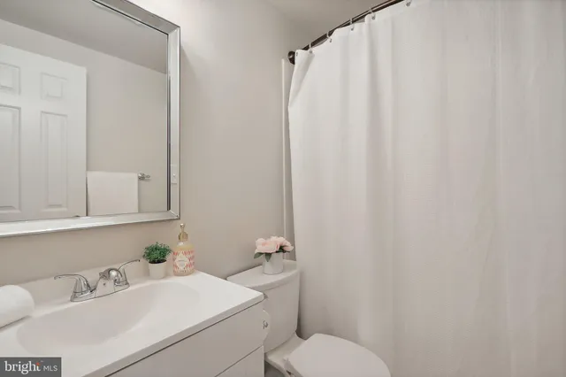 a bathroom with a sink a toilet and shower curtain
