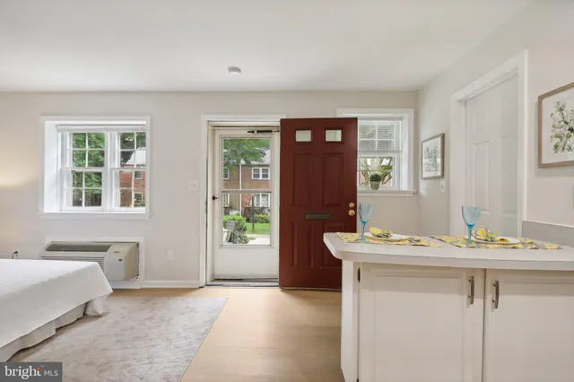 a room with a bed and a table