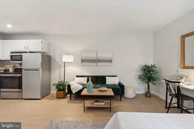 a living room with furniture potted plant and kitchen view