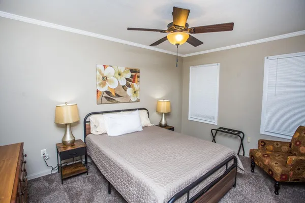 a bedroom with a bed and a chandelier