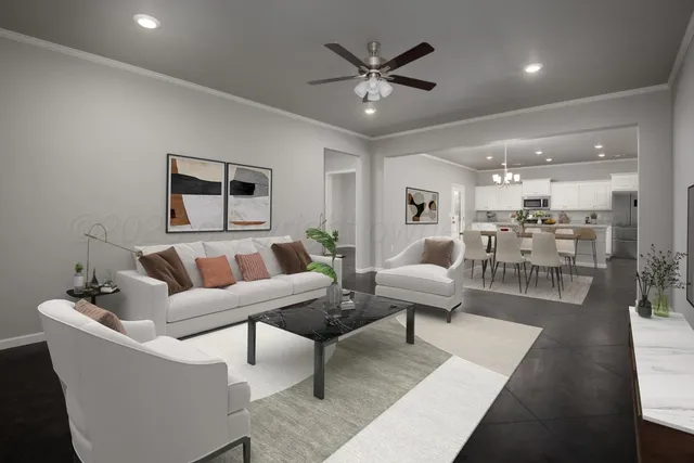 a living room with furniture and a view of kitchen