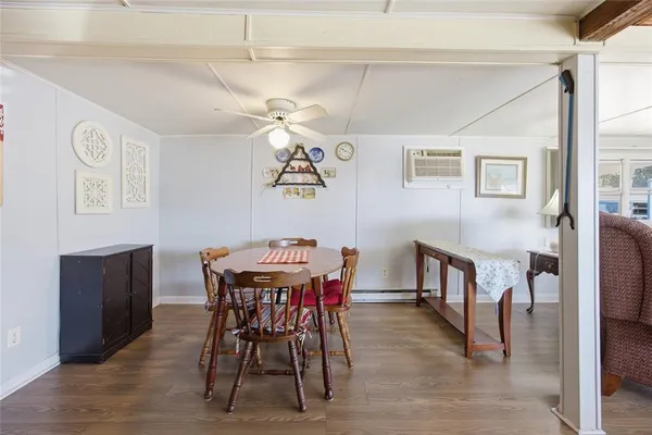 a view of a dining room with furniture