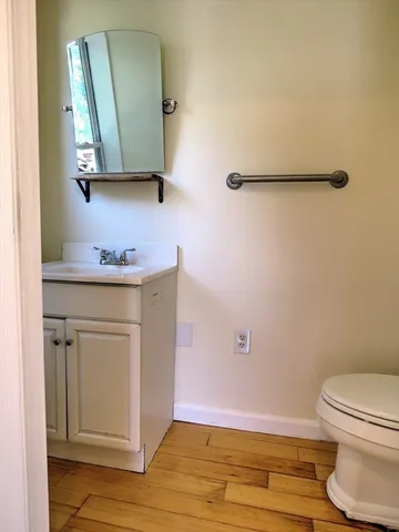 a bathroom with a sink a toilet and mirror