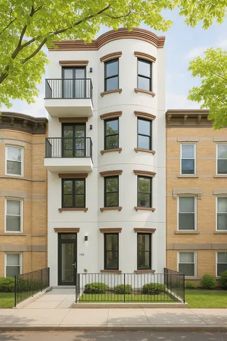a view of a brick building next to a yard