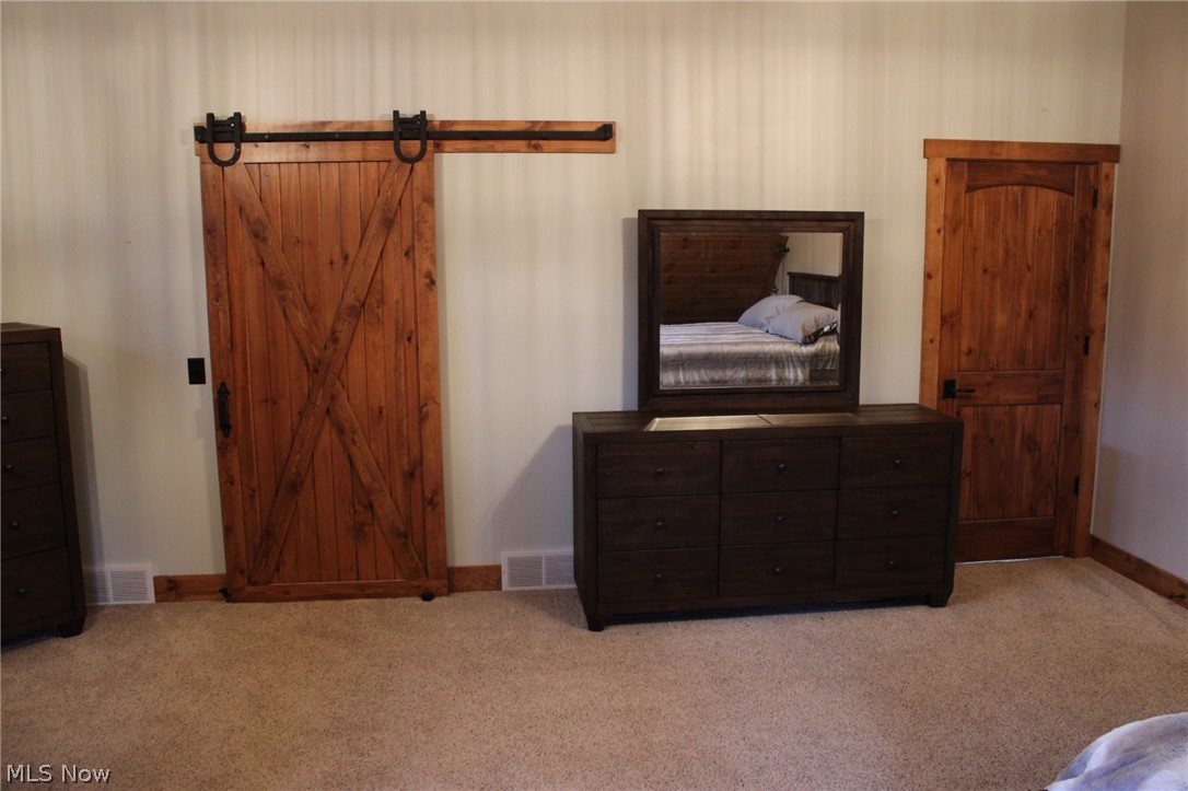 3989 Court Road Wakeman, OH 44889 - Photo 15 of 36 Bedroom with light carpet and a barn door that leads to large walk in closet, en suite full bath w/ walk-in shower
