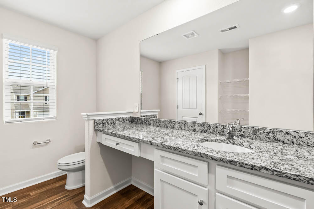 442 Crow Field Street Roxboro, NC 27574 - Photo 14 of 18 a bathroom with a granite countertop toilet a sink and a mirror
