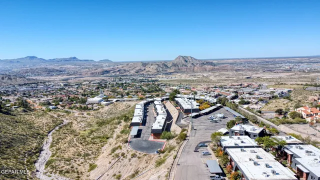 a view of a dry yard with mountains in the background