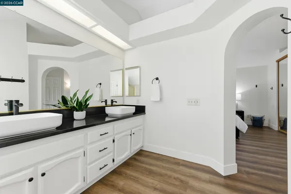 a bathroom with a granite countertop sink a potted plant and a mirror