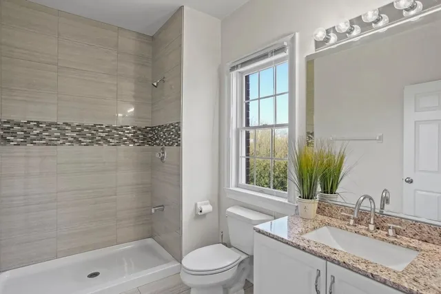 a bathroom with a granite countertop sink a toilet and shower