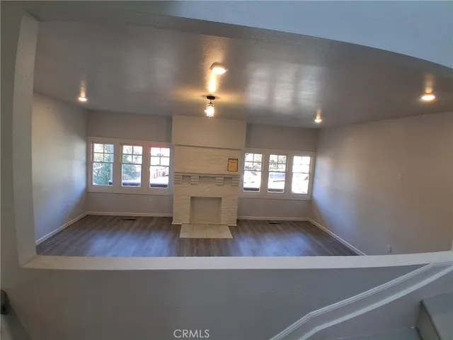 a hallway with a large window