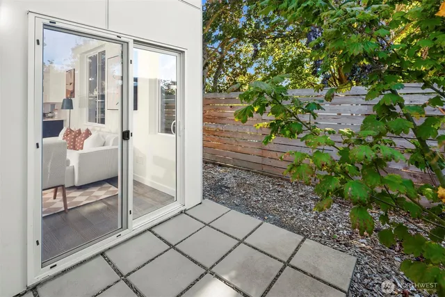 a room with a glass door