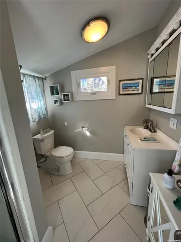a bathroom with a sink mirror vanity and toilet
