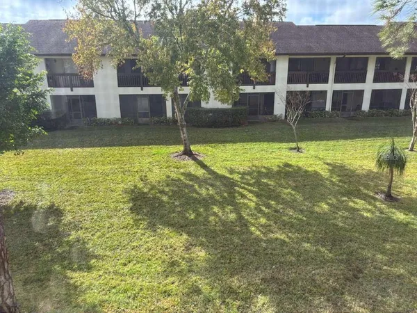 a view of a house with backyard and a tree