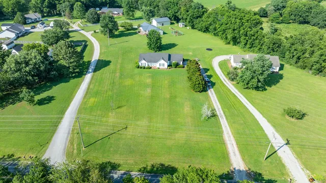 a view of a swimming pool with a yard