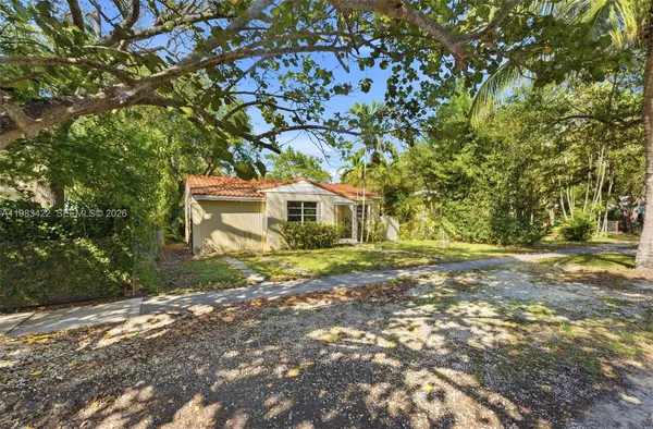 a view of a yard with plants and trees