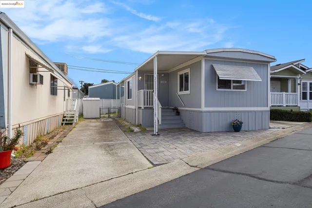 a view of a house with potted plants and a large window