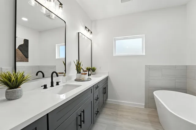 a bathroom with a double vanity sink a large mirror and shower