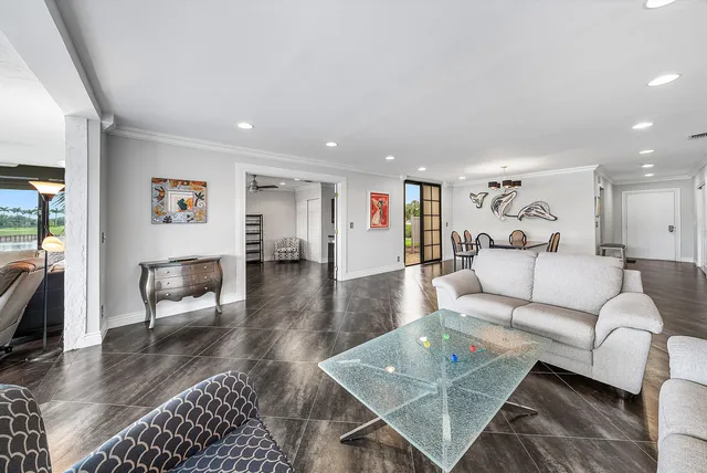 a view of a room that has a large window