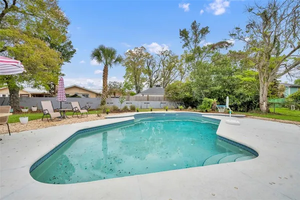 a view of a swimming pool with a yard