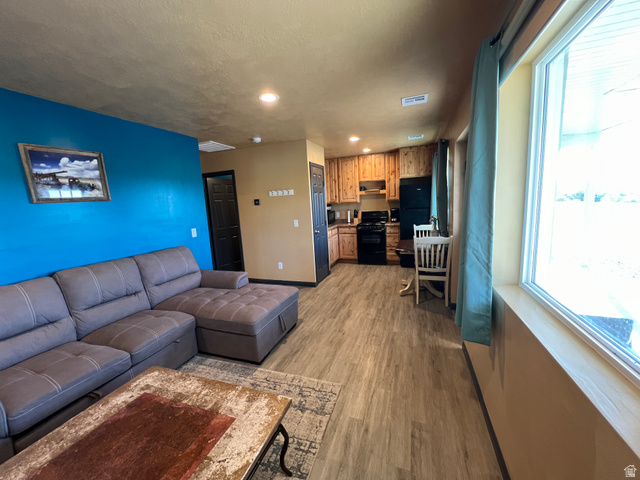 890 East Hatchery Road Bicknell, UT 84715 - Photo 9 of 48 Living room featuring light wood-type flooring, recessed lighting, and a textured ceiling