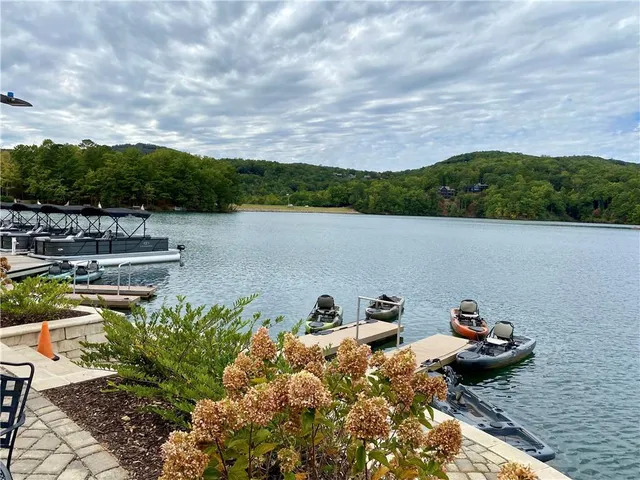 a view of a lake with a mountain in the background