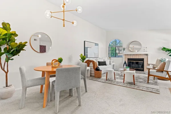 a dining room with furniture a fireplace and a potted plant