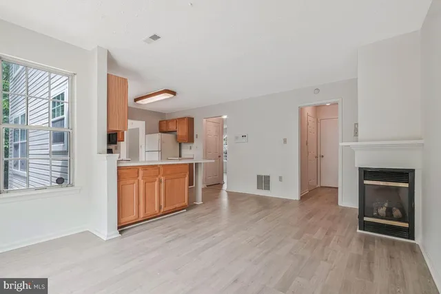 a view of a kitchen cabinets and a fireplace