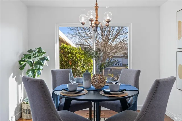 a view of a dining room with furniture window and outside view