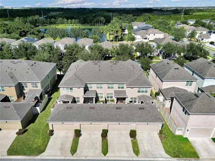 an aerial view of a house with garden