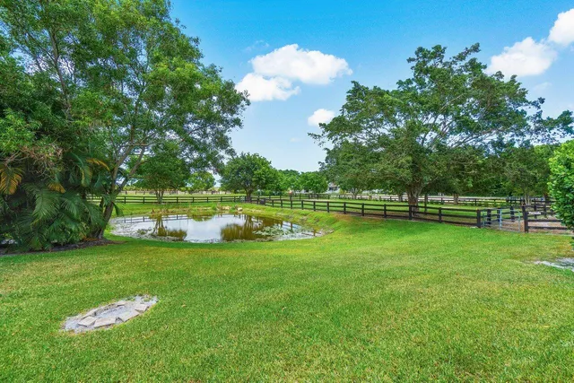 a view of a house with a big yard and large trees