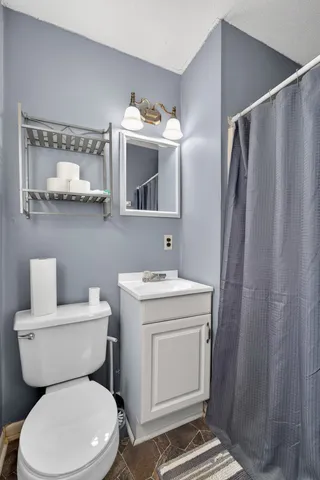 a bathroom with a toilet sink and mirror