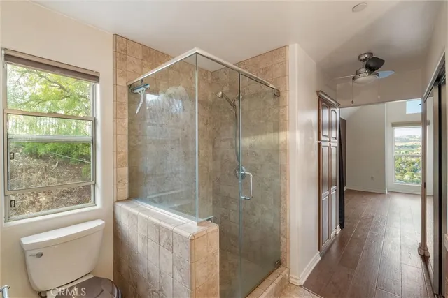 a bathroom with a shower and a toilet