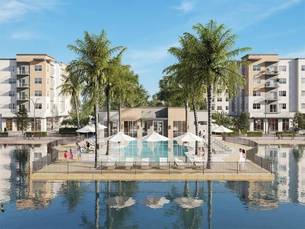 a view of a lake with building and outdoor space