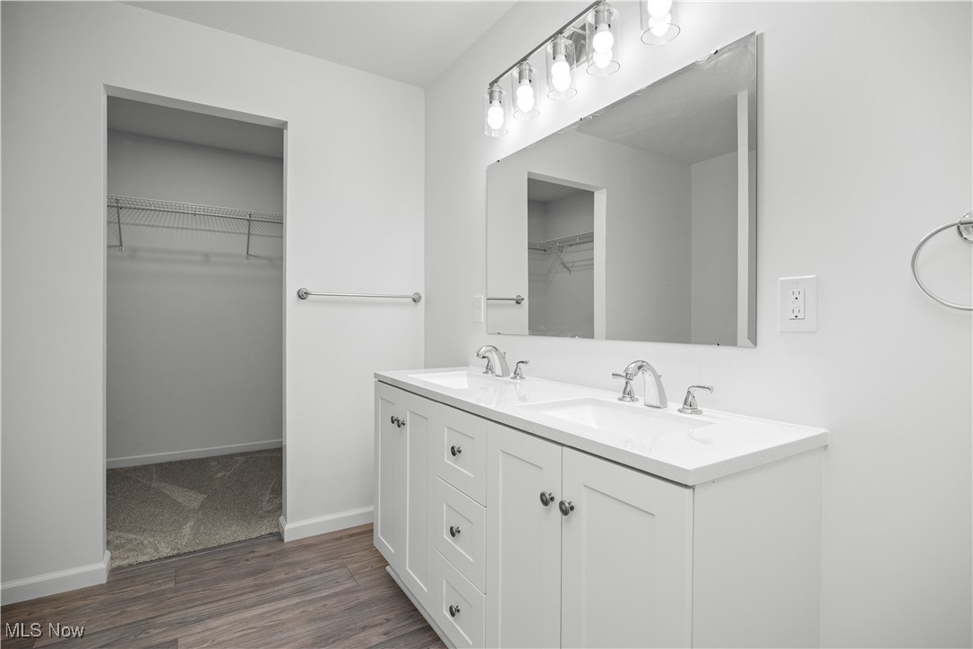 1999 East Oldgate Road Sandusky, OH 44870 - Photo 22 of 32 Bathroom featuring a spacious closet, double vanity, and dark wood-type flooring