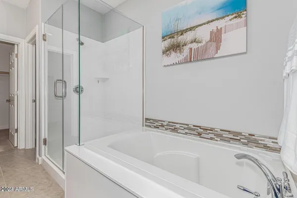 a bathroom with a bathtub and shower