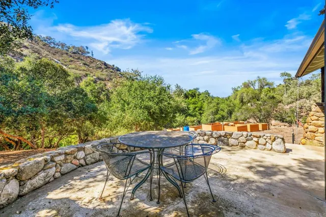 a backyard of a house with table and chairs