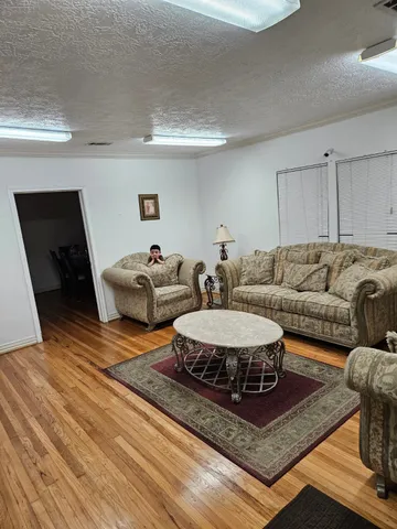 a living room with furniture and a rug