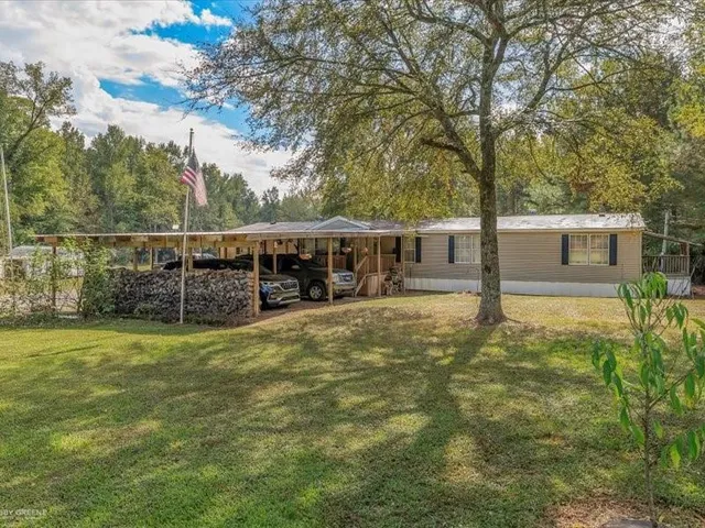a view of a house with backyard and tree