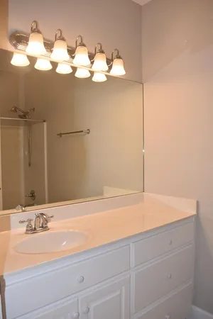 a bathroom with a sink vanity and a mirror