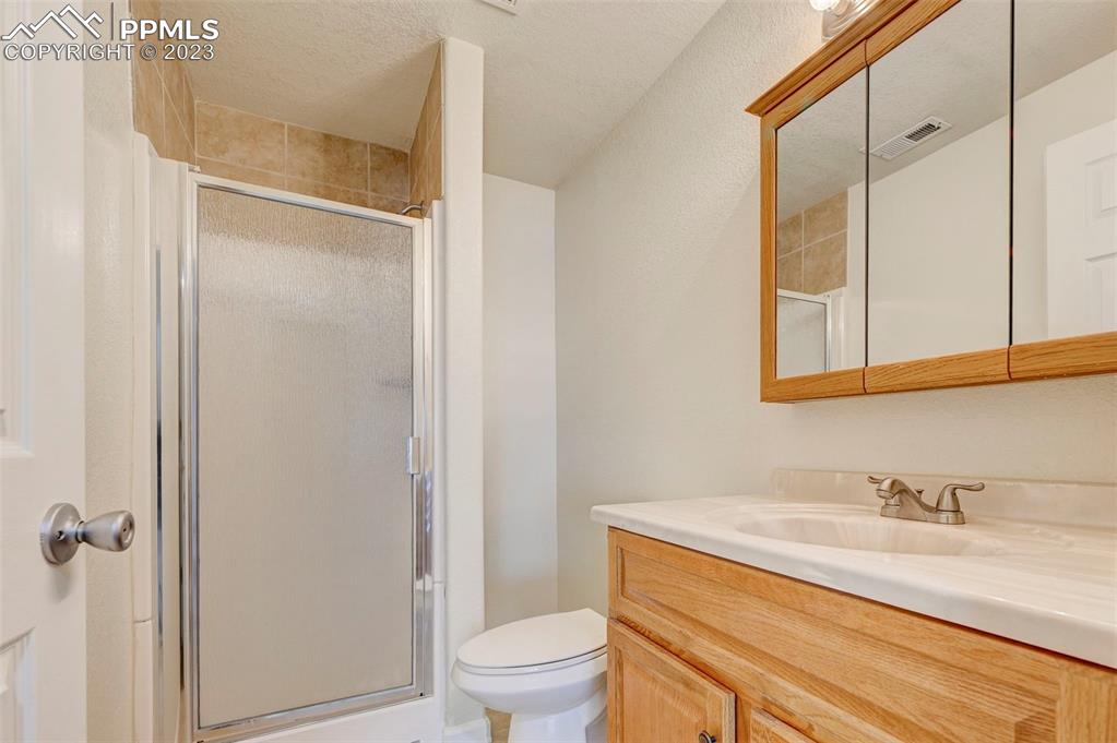 2170 Alpine Shadows View Colorado Springs, CO 80919 - Photo 41 of 49 a bathroom with a granite countertop sink toilet and shower