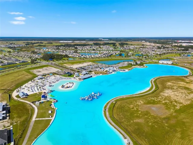 an aerial view of a pool