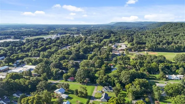 an aerial view of green landscape with trees houses and mountain view
