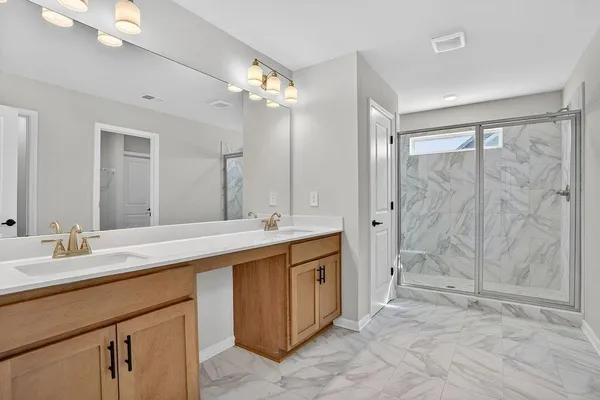 a bathroom with a double vanity sink a large mirror and a shower