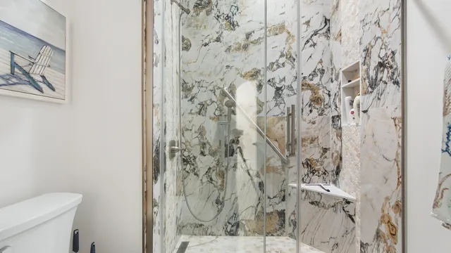 a white toilet sitting next to a shower curtain