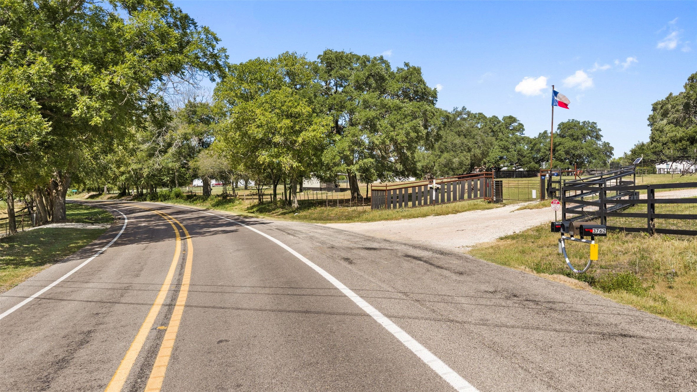 3764 Ranch Road 1623 Blanco, TX 78606 - Photo 5 of 36 Mature trees line the paved road leading up to a fenced ranch entrance.