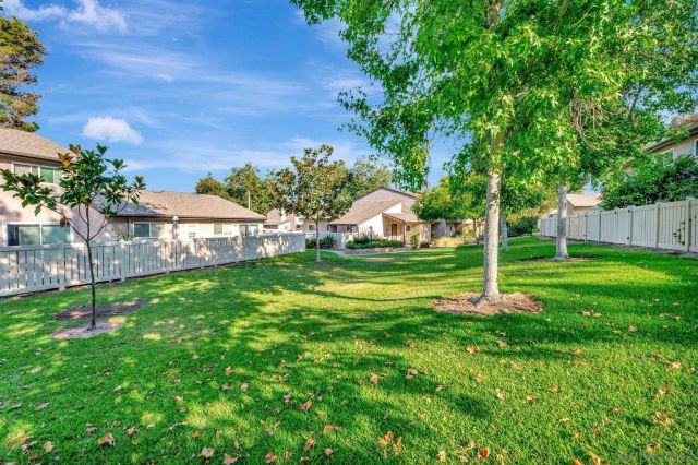 a view of yard with swimming pool and green space