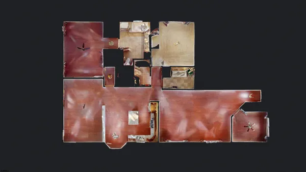 an aerial view of residential houses with outdoor space and swimming pool