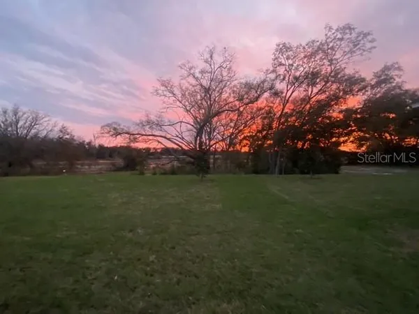 a view of field with trees in background