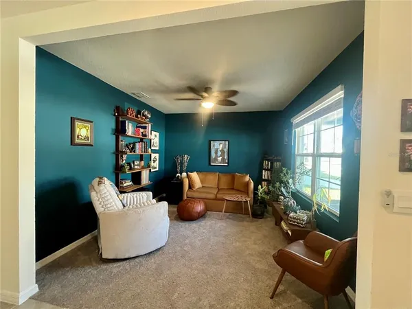 a living room with furniture and a potted plant