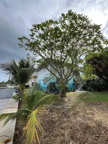 a view of a yard with wooden fence
